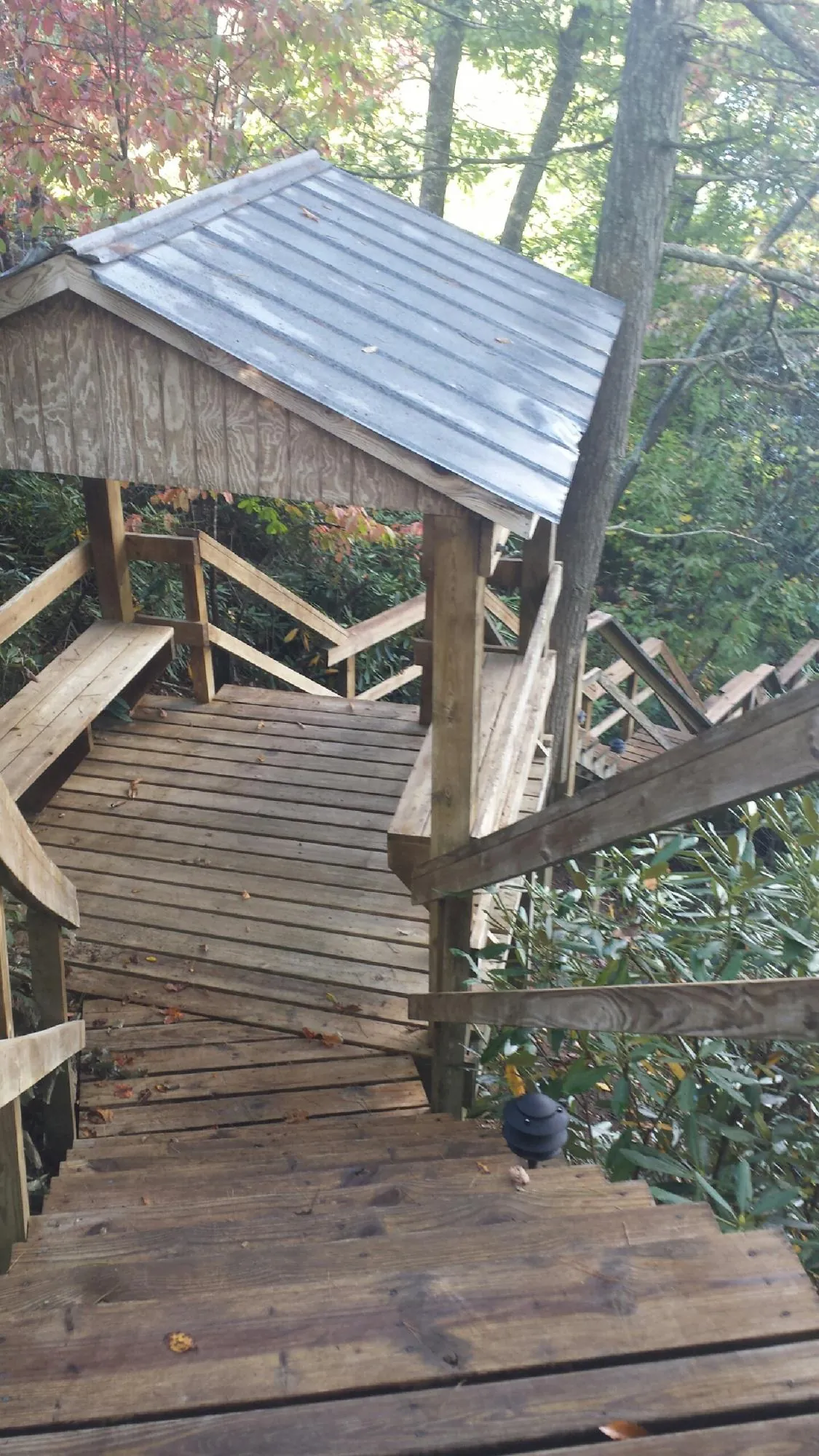 Metal roofed shelter over wooden steps on a wooded walkway — Skylight Repair & Installation work by our crew in Belford